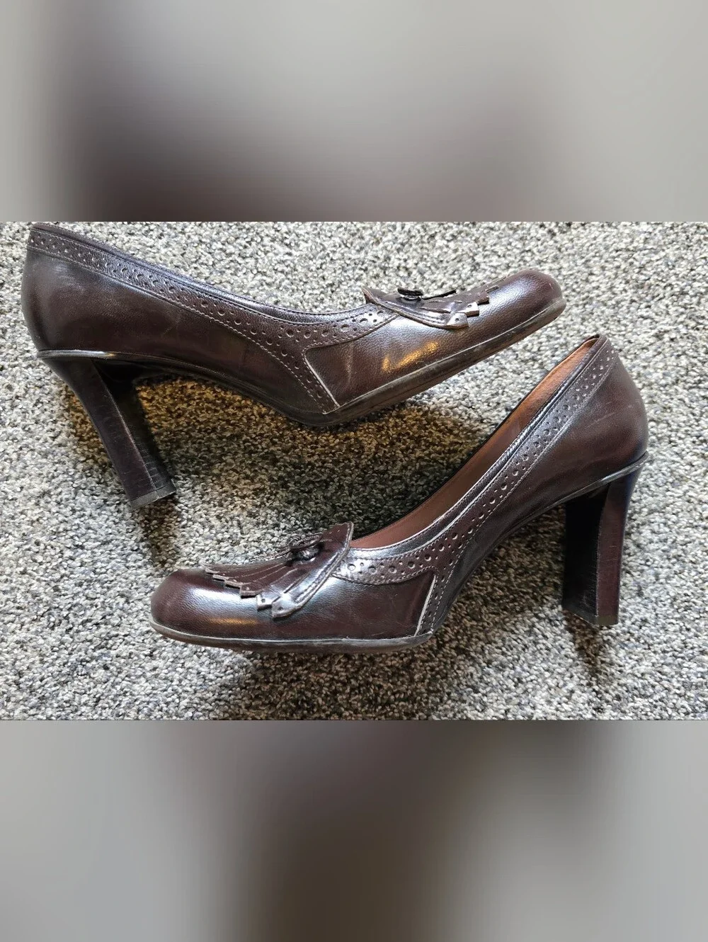 VTG Nine West Oksana Brown Leather Kiltie Brogue Pumps Heeled Loafers Size 8.5 - Picture 4 of 10
